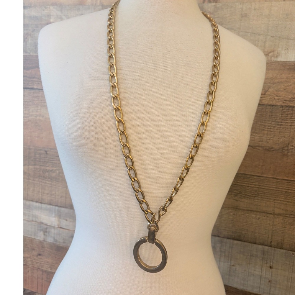 Gold Tone Chunky Cable Chain Necklace with Oversized Ring Pendant Statement Long